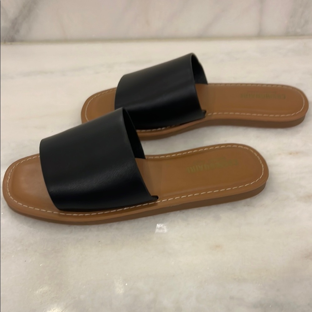 Black and Tan Minimalist Slide Sandals - Picture 2 of 3